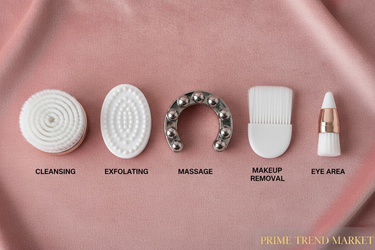 5 interchangeable facial brush heads for cleansing, exfoliating, massage and makeup removal — Prime Trend Market