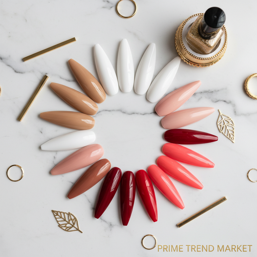 Long Almond Press-On Nails — 12 Colors Flat Lay