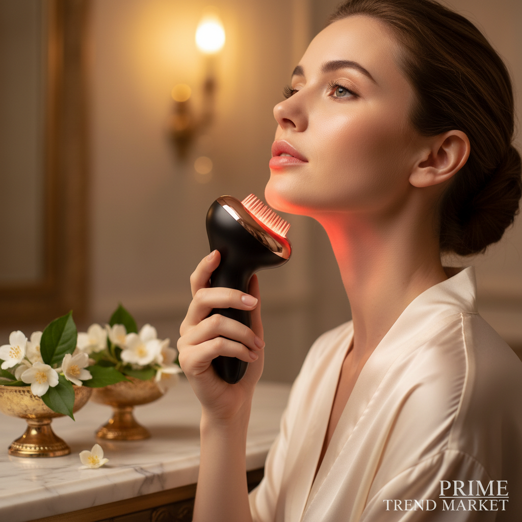 IFT Red Light Face & Neck Lifting Massager lifestyle in-use on jawline and neck with red light glow