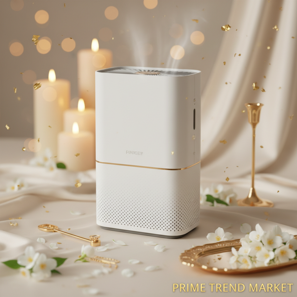 Luxury white air purifier on cream ivory surface with jasmine petals - Prime Trend Market