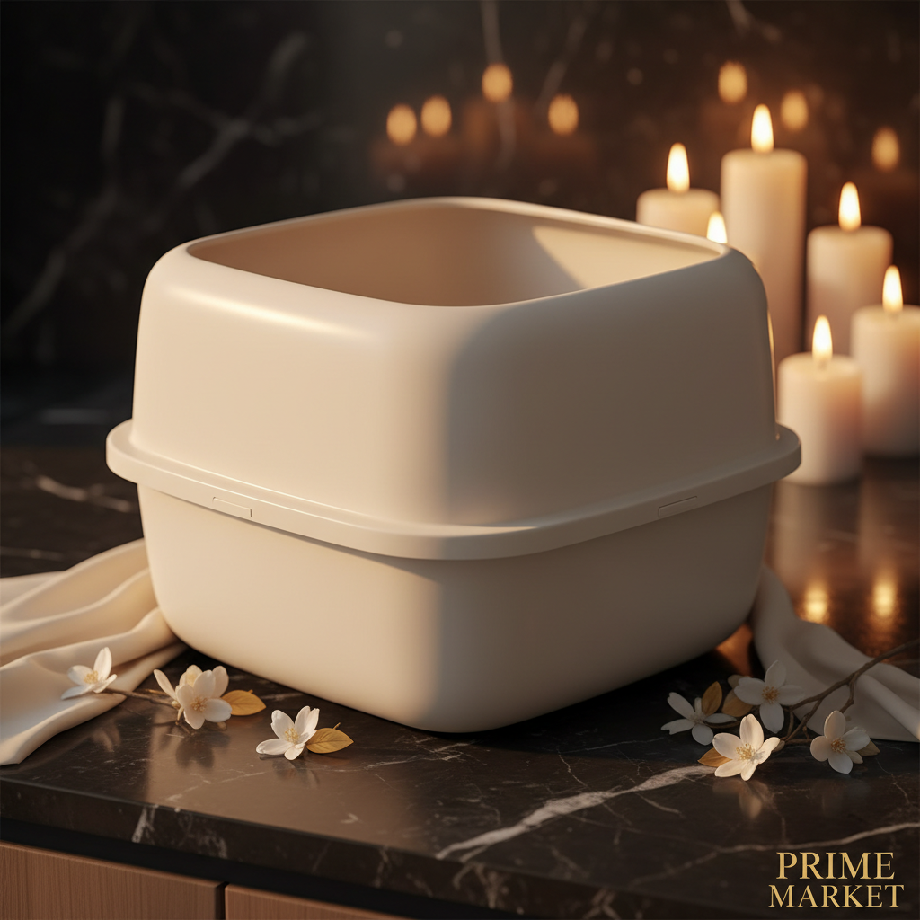 Premium small square offwhite cat litter box on dark marble with gold accents and jasmine flowers