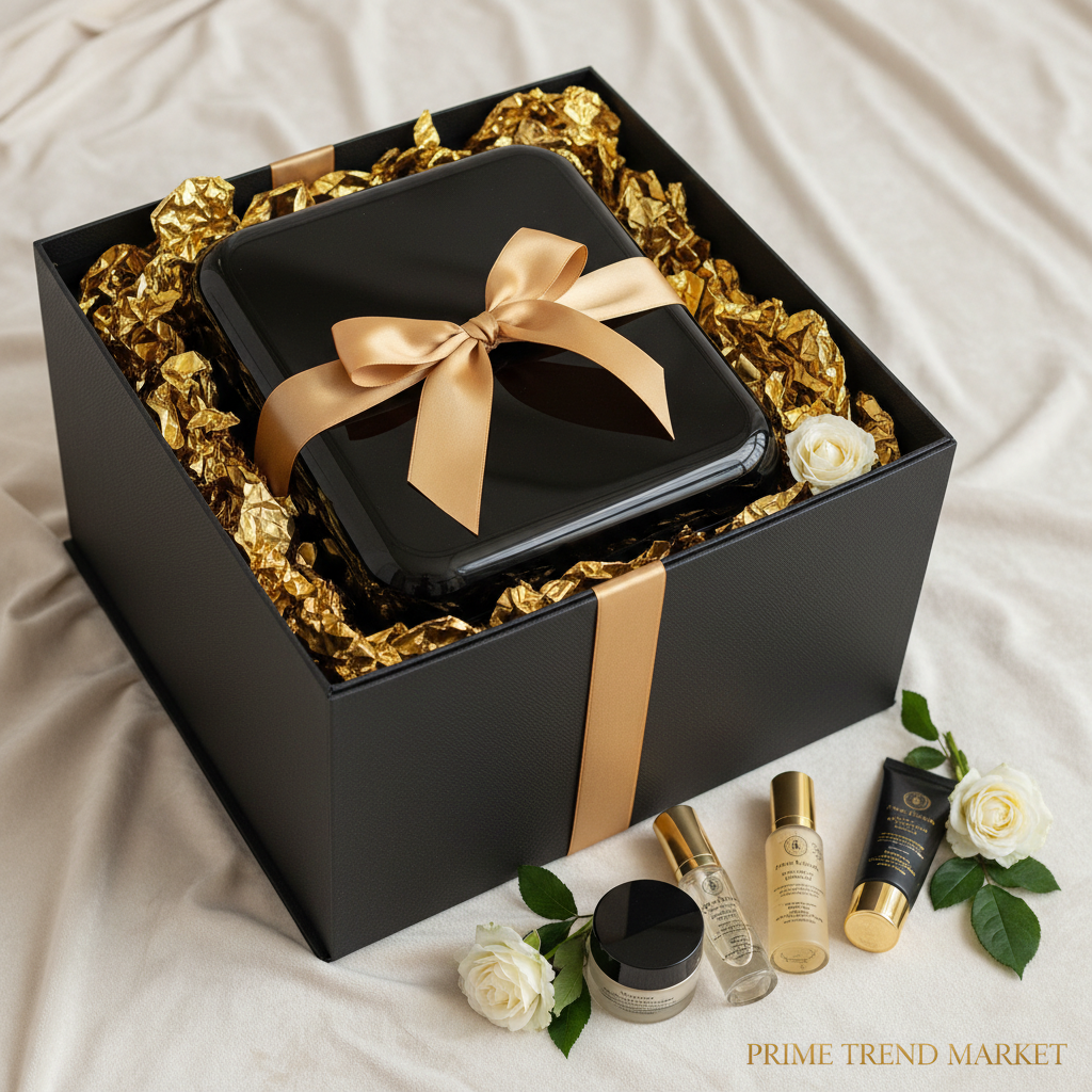 Vevor skincare mini fridge in luxury gift box with gold ribbon and white roses — Prime Trend Market