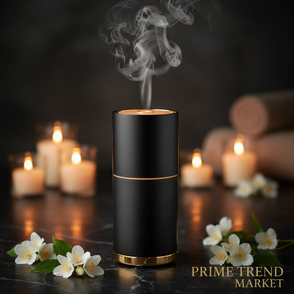Close-up luxury black aroma diffuser spa atmosphere with jasmine and candlelight