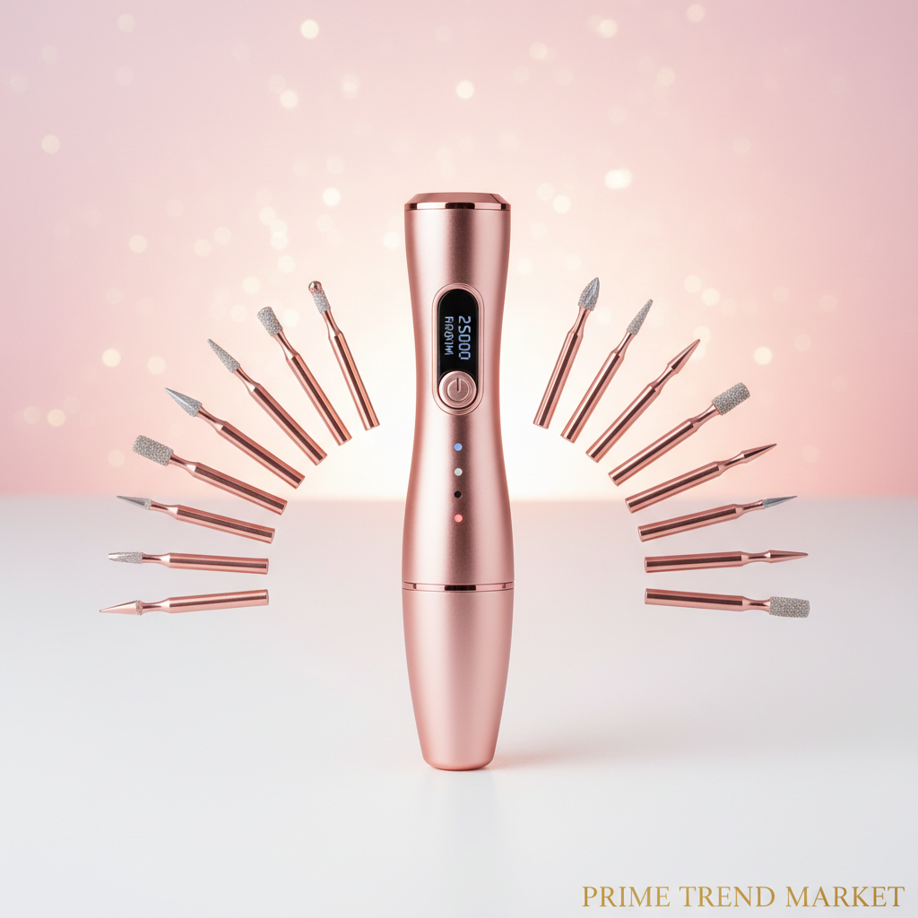 Rose gold electric nail drill with bits fanned out on white background with pink and gold gradient lighting