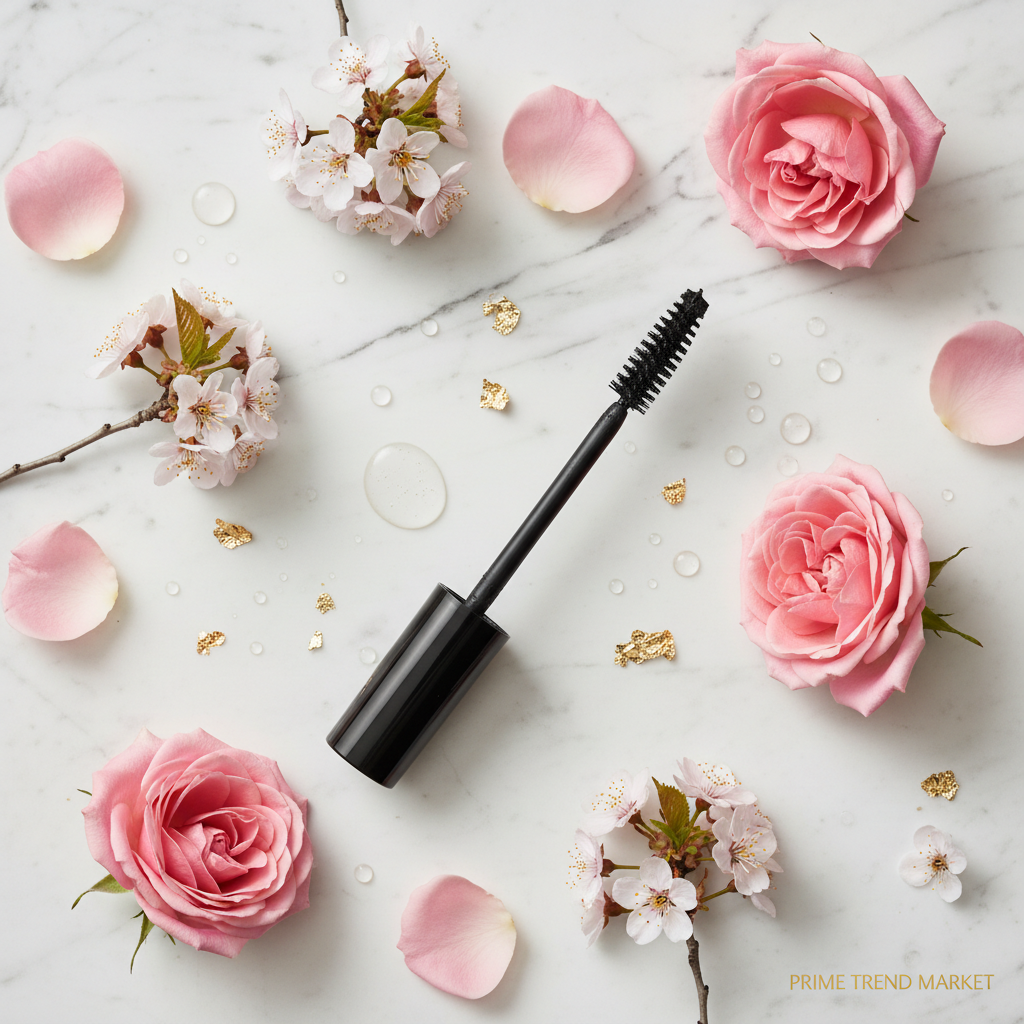 PHOFAY Volumizing Mascara flat lay on marble with rose petals and gold accents