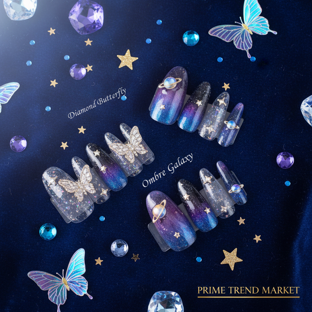 Celestial nail art bundle flat lay on navy velvet with star confetti and gems