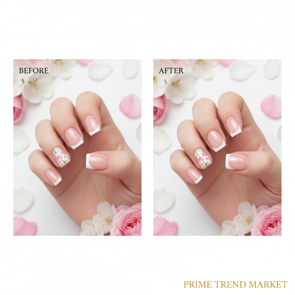 Before and after French flower press-on nails with flower petals