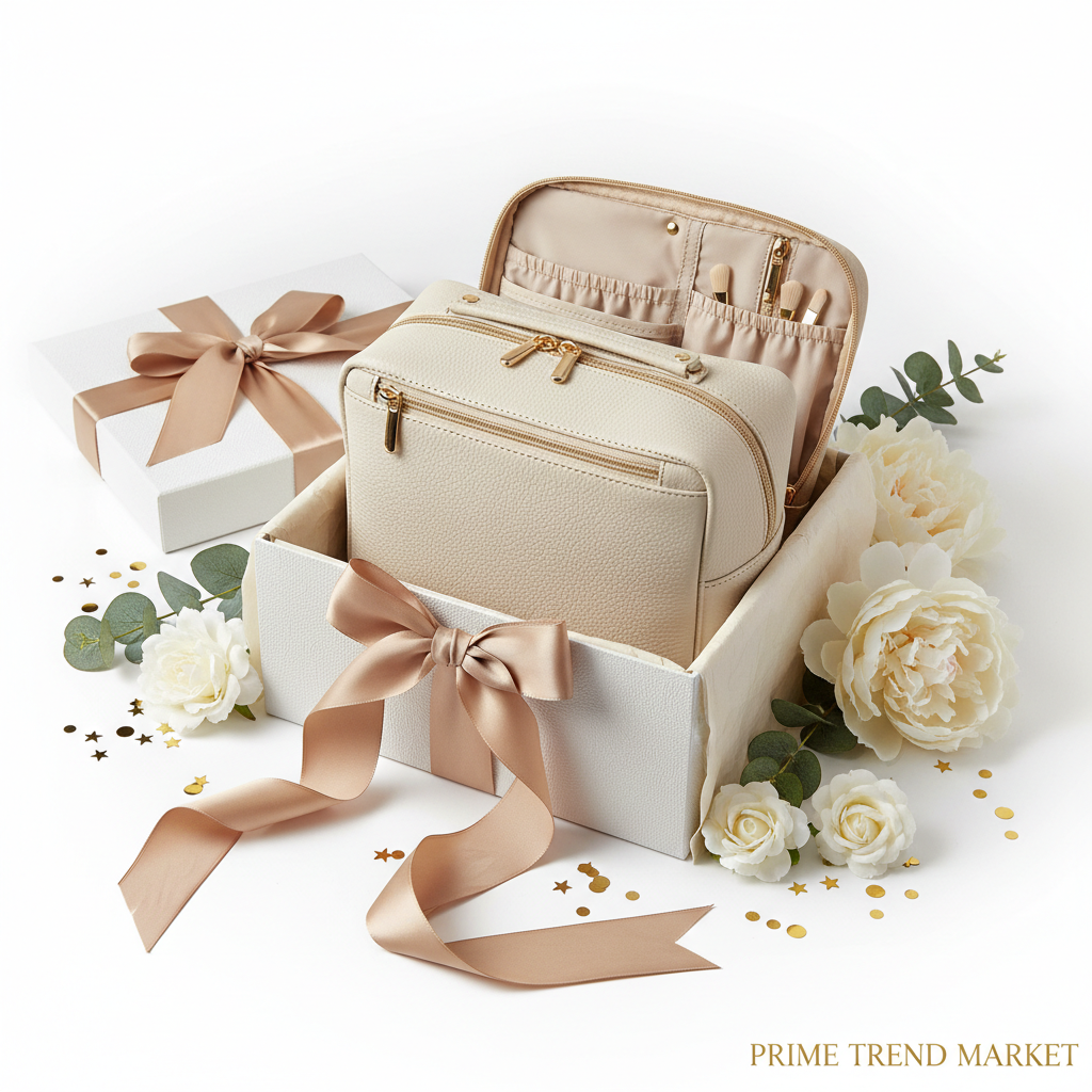 Large multifunction travel cosmetic bag in gift box with ribbon and flowers
