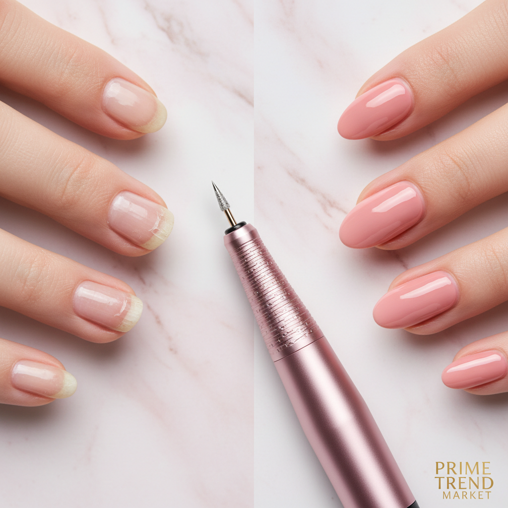Before and after nail transformation with electric nail drill