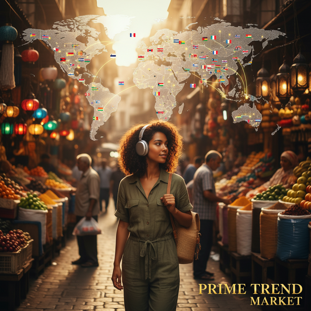 Woman traveler wearing translator earbuds at foreign market — Prime Trend Market