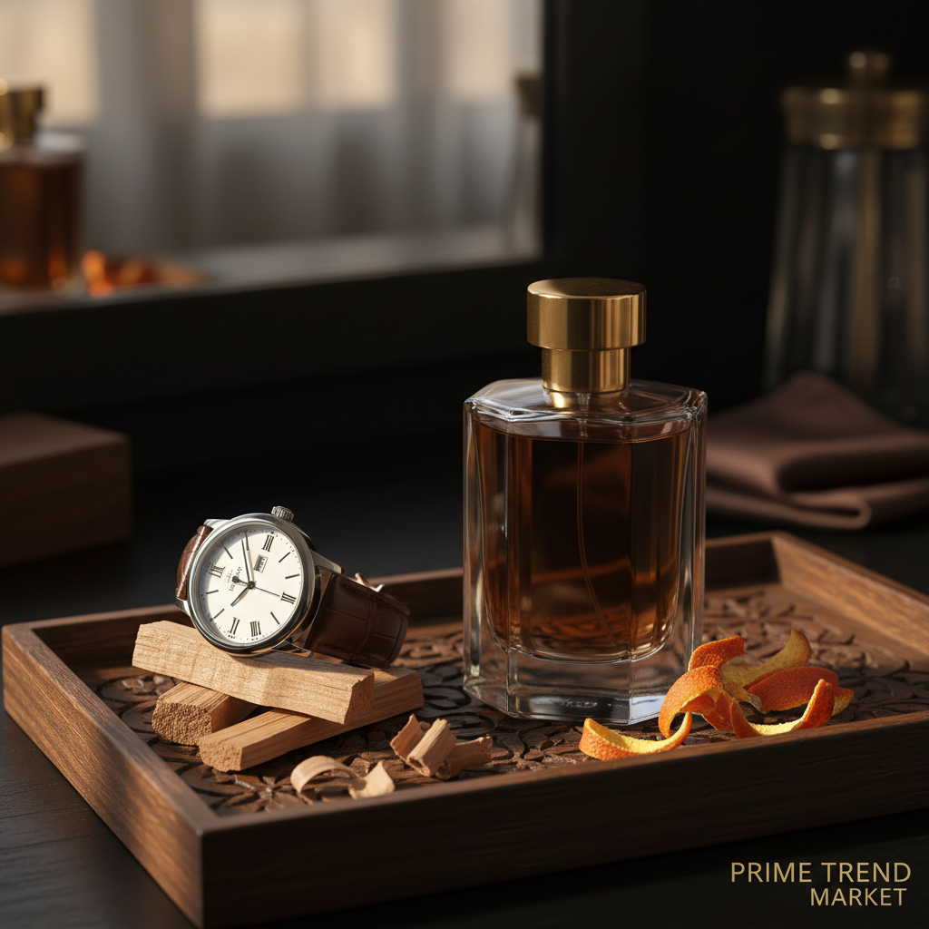 Chained cologne on grooming tray with leather watch, cedar and orange peel