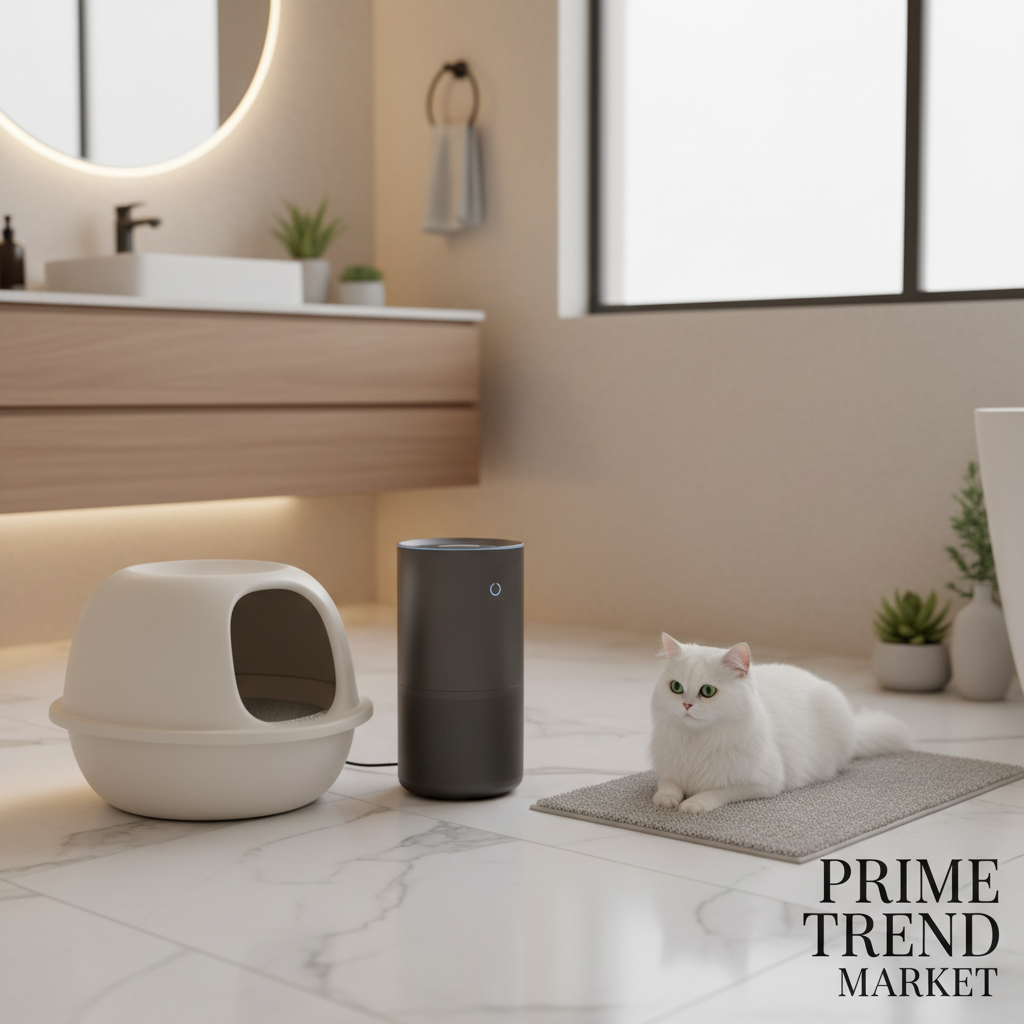 Smart pet odor purifier next to modern cat litter box in luxury minimalist bathroom with white cat