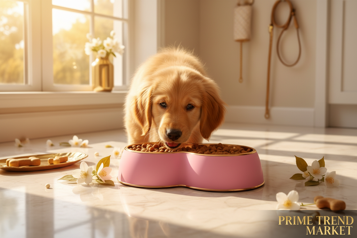 Golden retriever eating from pink silicone pet bowl