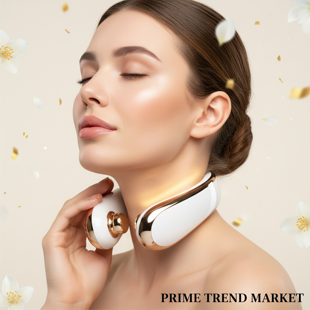 Luxury Neck Massager lifestyle shot with glowing lifted jawline and neck