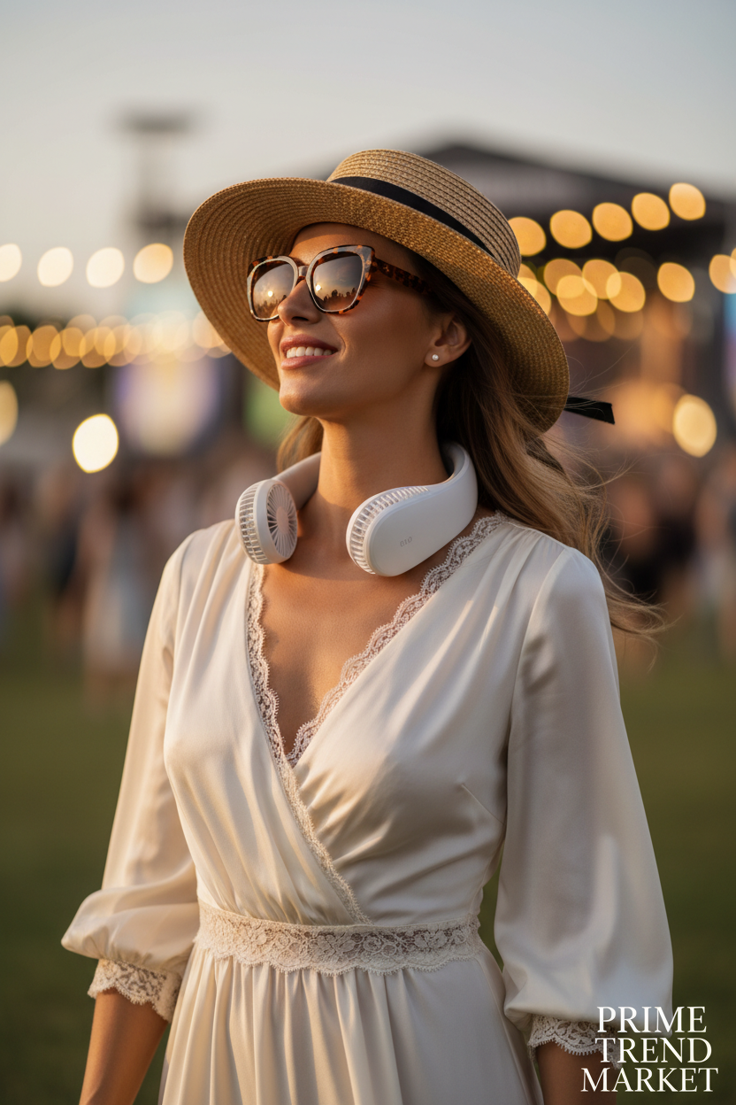 Elegant woman at summer festival wearing ArcBreeze neck fan