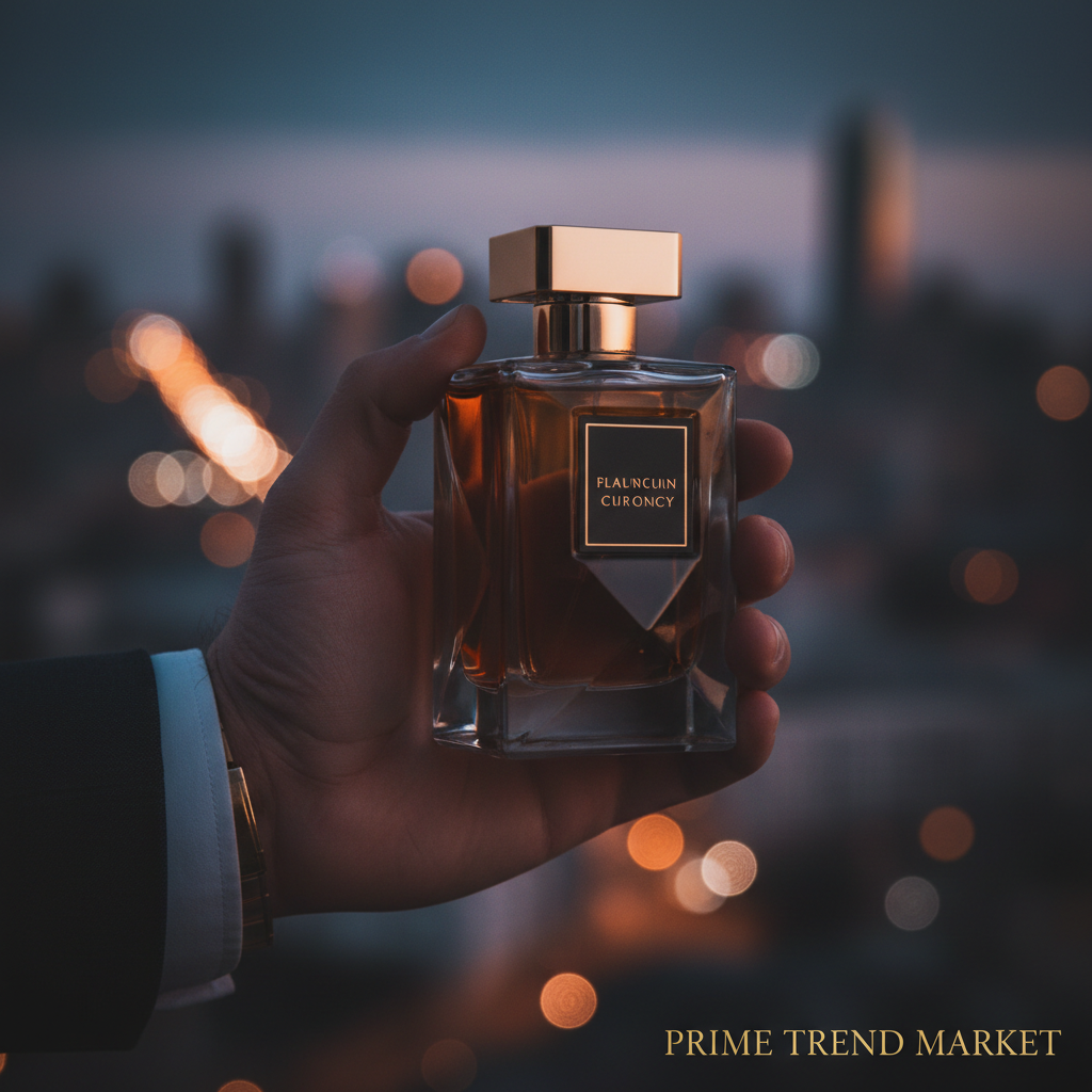 Man holding niche perfume bottle against city skyline at dusk