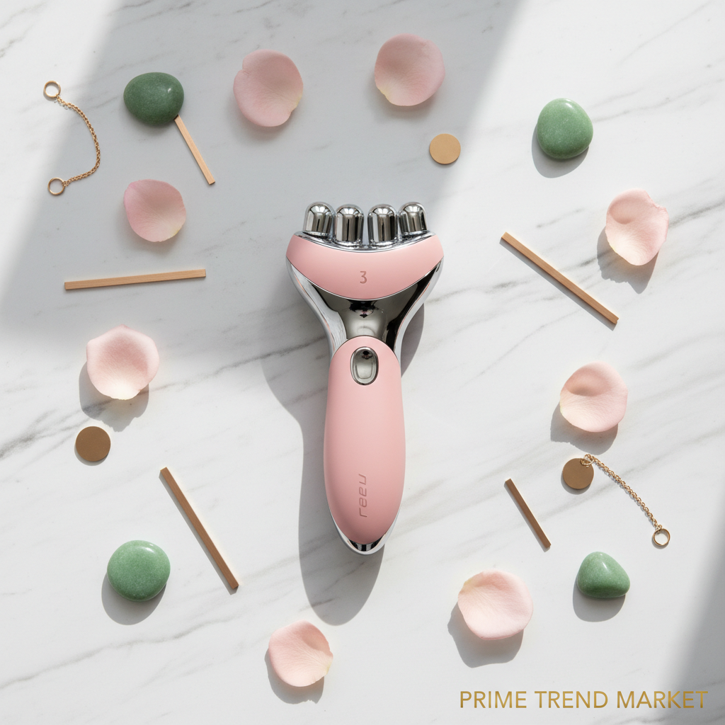 Pink 3-in-1 face and neck sculpting massager on marble with rose petals and gold accents — Prime Trend Market