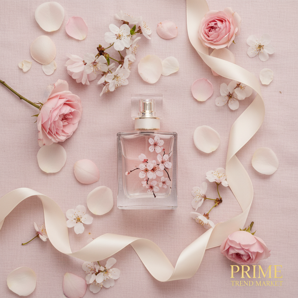 Flat lay of floral perfume with rose petals and silk ribbon