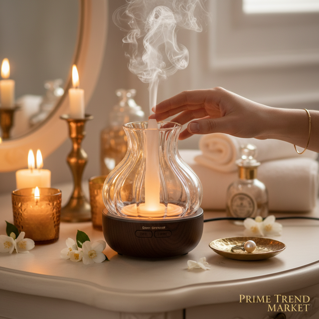 Luxury waterless essential oil aroma diffuser on cream vanity with jasmine and amber candlelight lifestyle shot