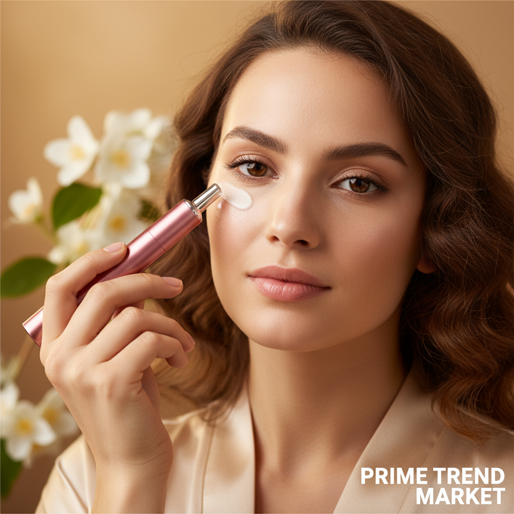 Woman using Luxury 4-in-1 Eye Cream Ion Introducer Pen under eye for dark circles and wrinkle treatment