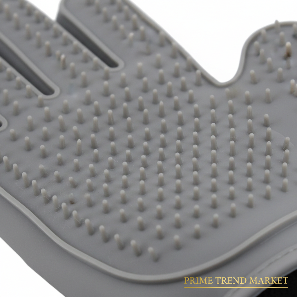 Close-up of gray pet grooming glove showing soft rubber massage nodules and hair removal texture