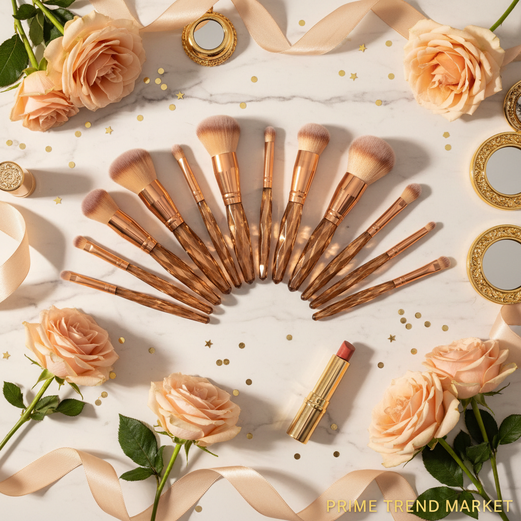 10-piece brown diamond rivet crystal handle makeup brush set on marble with nude roses and gold confetti