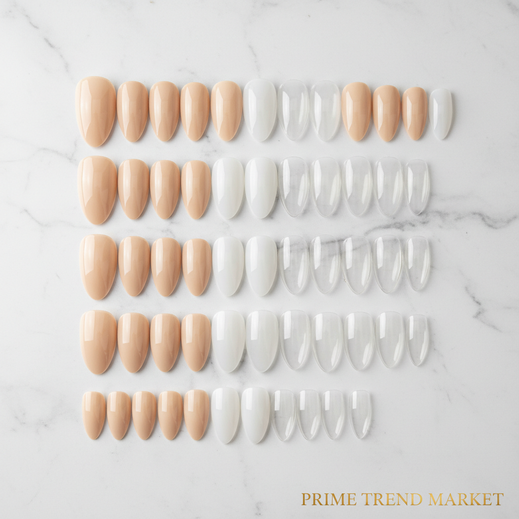 500 nail tips organized by size, Natural and Clear variants