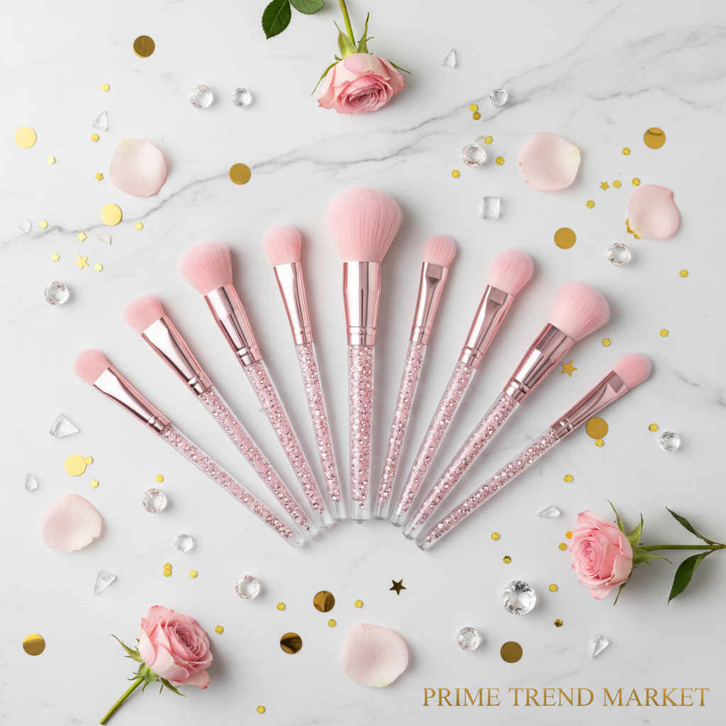 10-piece pink diamond inlaid handmade makeup brush set with clear acrylic handles on marble with roses