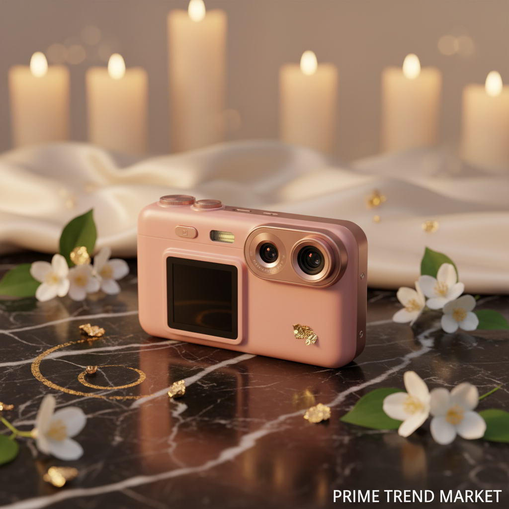CampusShot Pink CCD camera on dark marble with jasmine