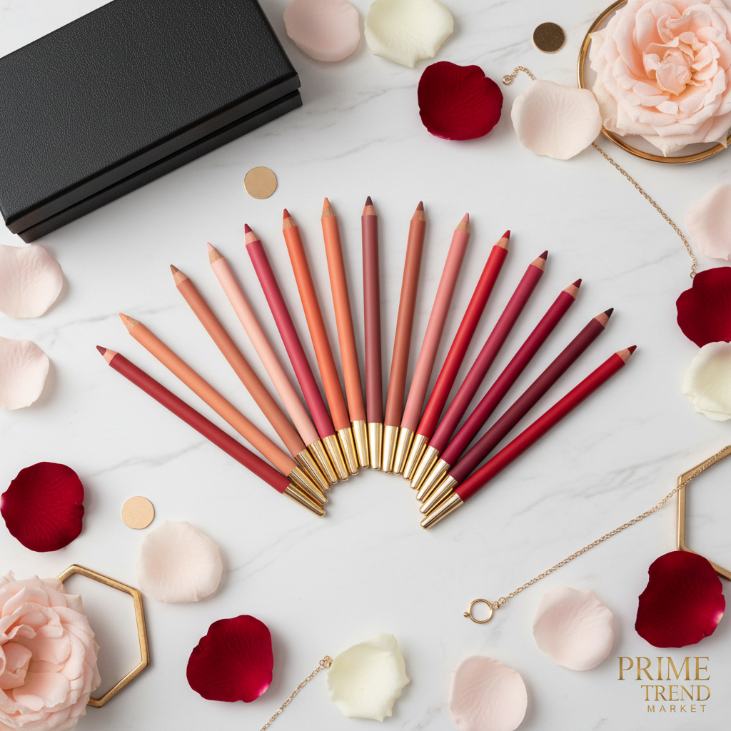 12 matte waterproof lip liner pencils color gradient flat lay marble rose petals gold beauty editorial