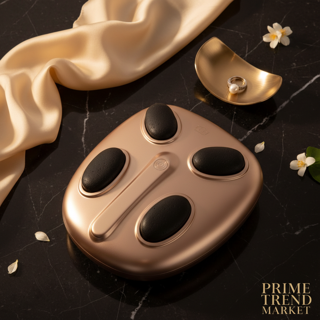 Luxury electric abdominal massager hot compress stone flatlay on dark marble with gold dish and cream silk