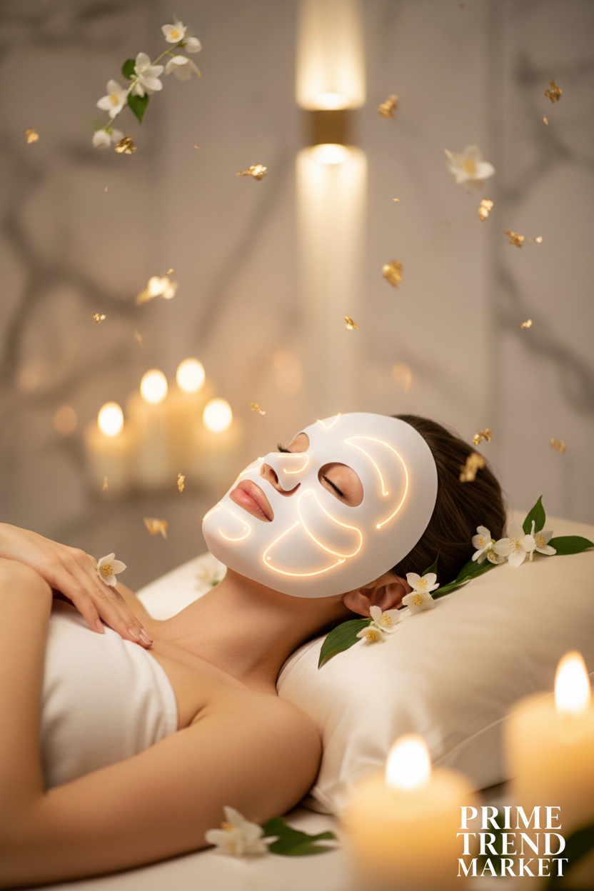 Luxury EMS Electric Facial Massage Mask Model Wearing Mask Spa Campaign Shot