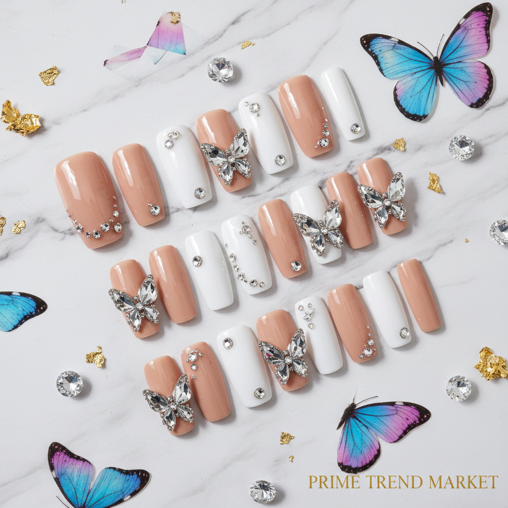 Diamond butterfly nail art press-on nails flat lay on white marble with rhinestone crystals and iridescent butterfly wings