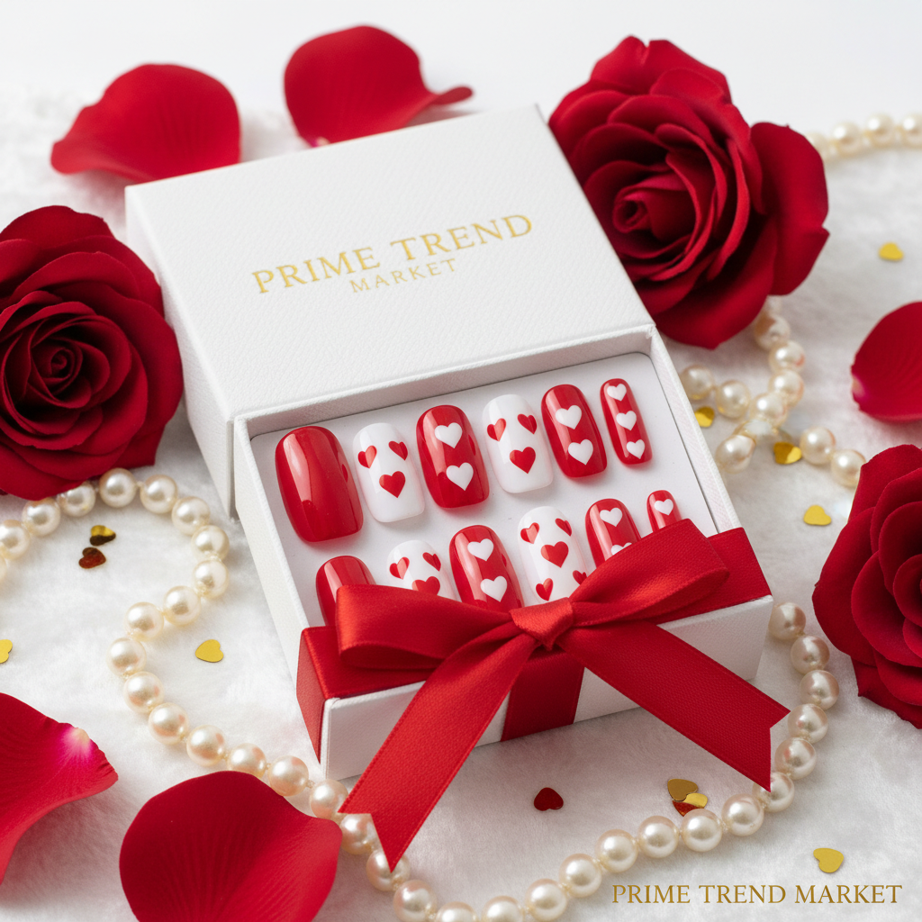 Red and white heart press-on nails in white luxury gift box with red satin ribbon and red roses