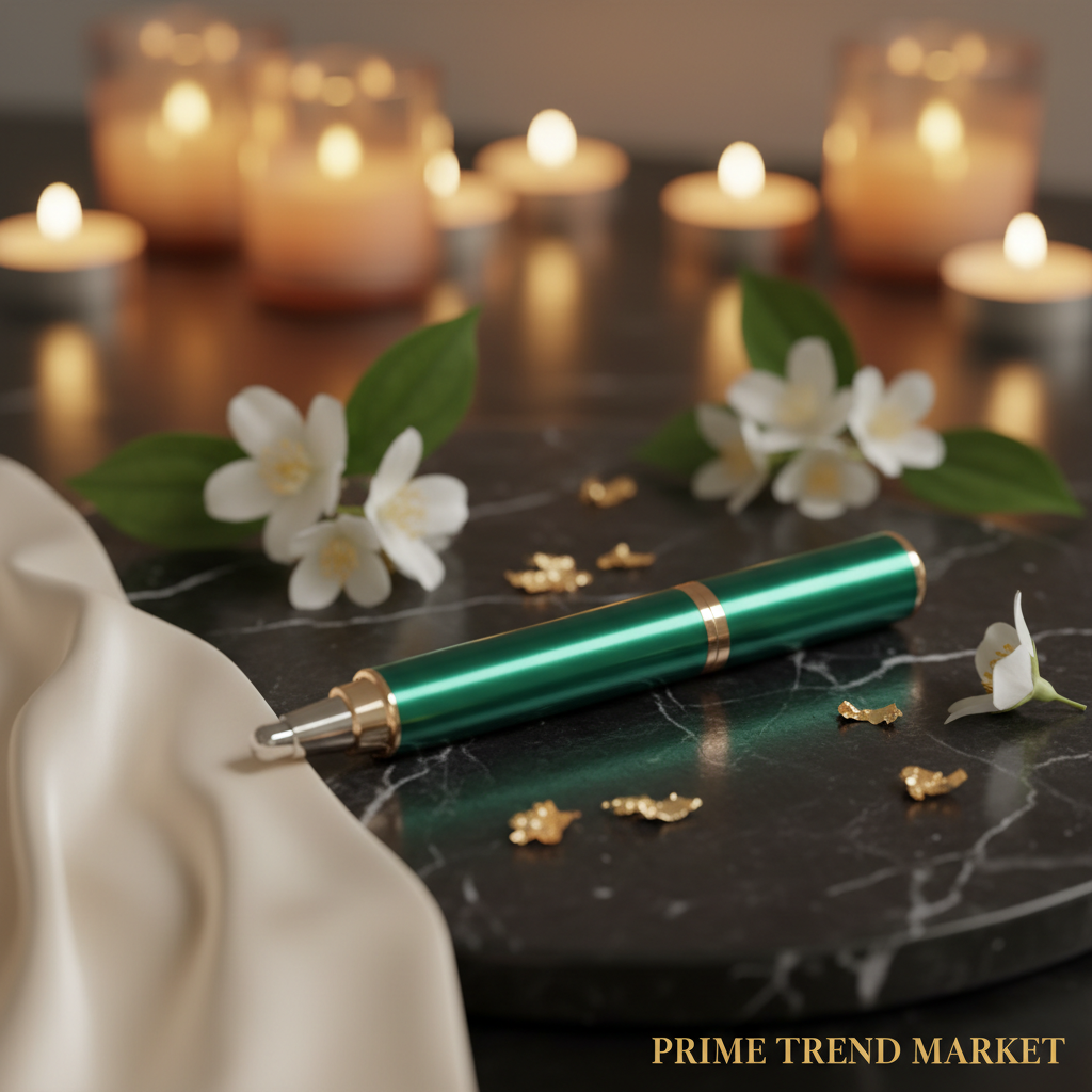 Luxury 4-in-1 Eye Cream Ion Introducer Pen emerald green hero shot on dark marble with jasmine flowers and gold leaf