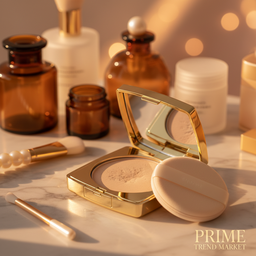 PHOFAY pressed powder on vanity with puff