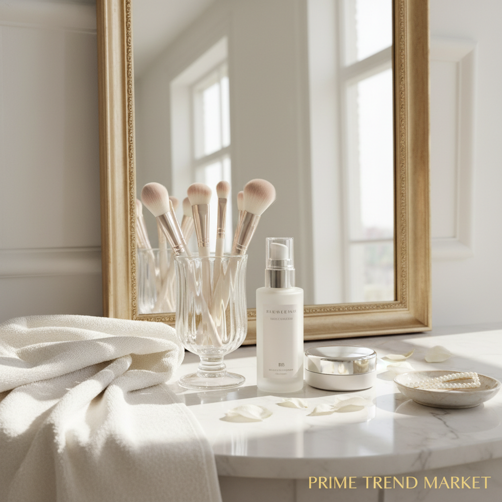 Foundation brush set on vanity table with mirror and powder compact