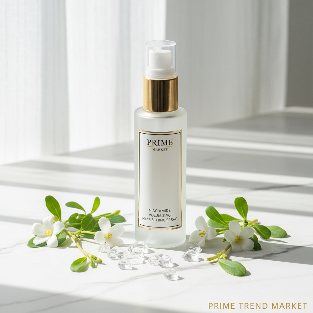 Niacinamide Volumizing Hair Setting Spray with purslane leaves on white marble - Prime Trend Market