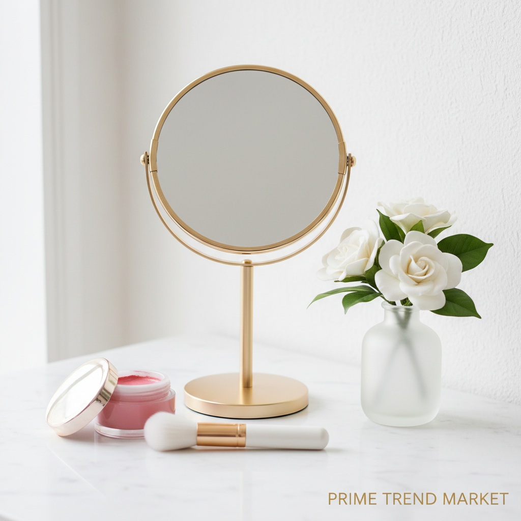 Luxury vanity setup with pink gloss blush compact and gold mirror