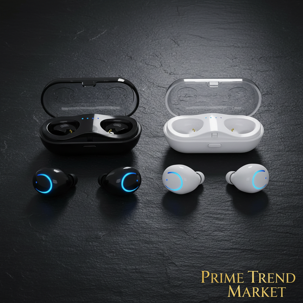 Black and white TWS earbuds flat lay with charging cases — Prime Trend Market