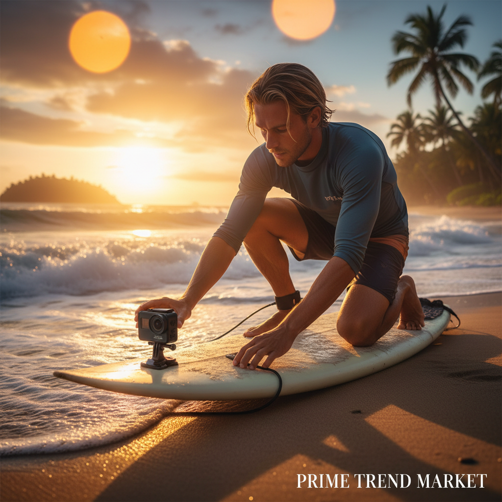 Surfer mounting ActionShot on surfboard at golden hour beach