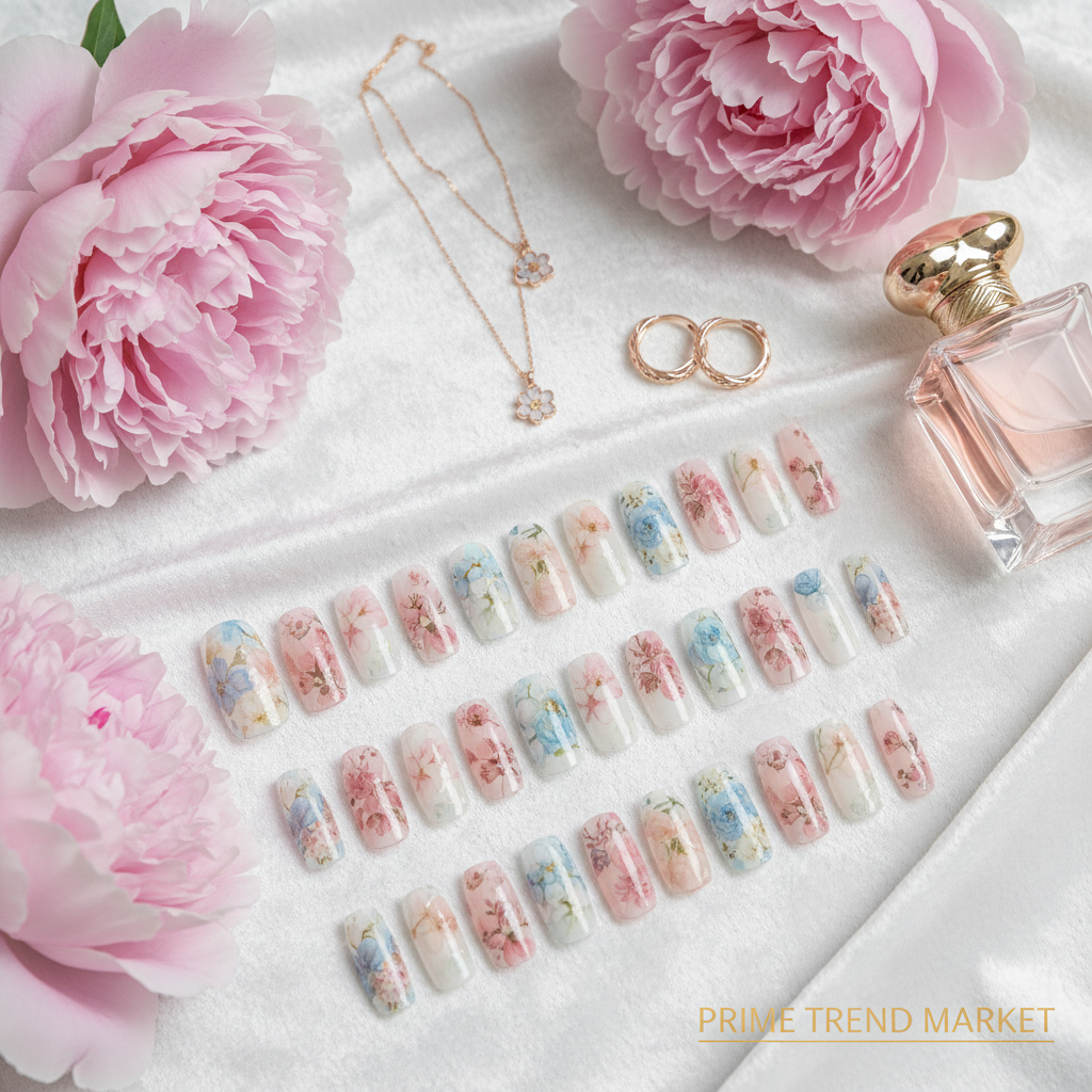 24pc French flower press-on nails on white velvet with peonies and gold accents