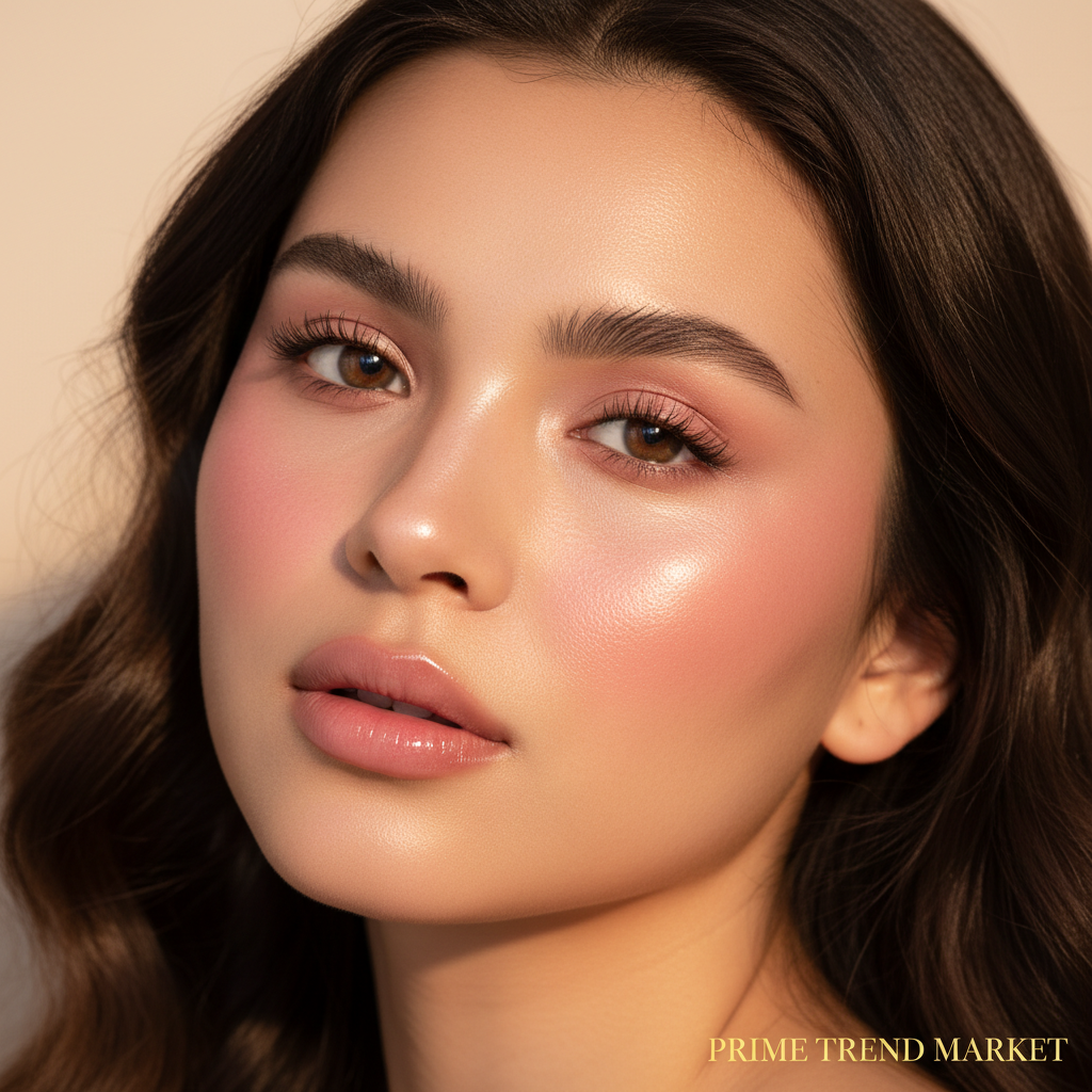 Woman with flushed rosy cheeks and natural glowy makeup