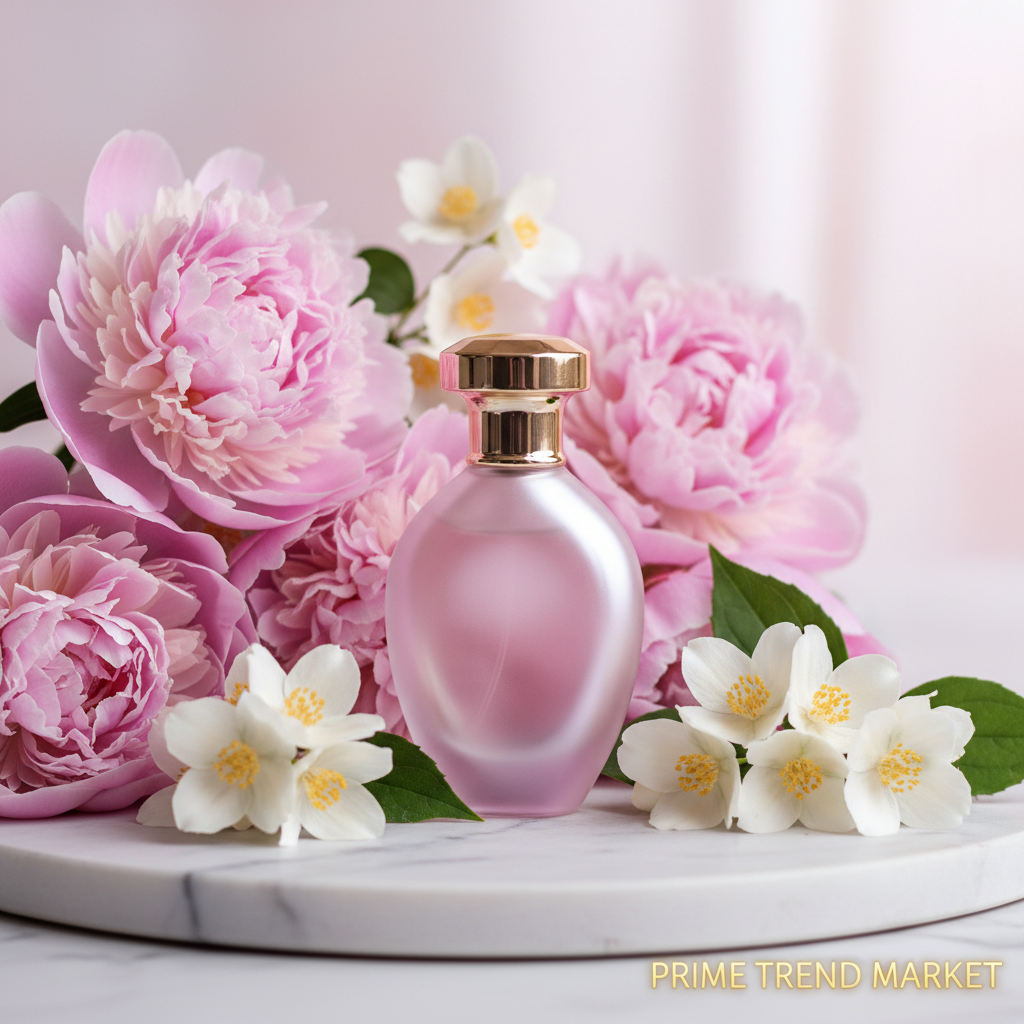 Dreamy Women's Perfume bottle with pink peonies and jasmine on marble surface