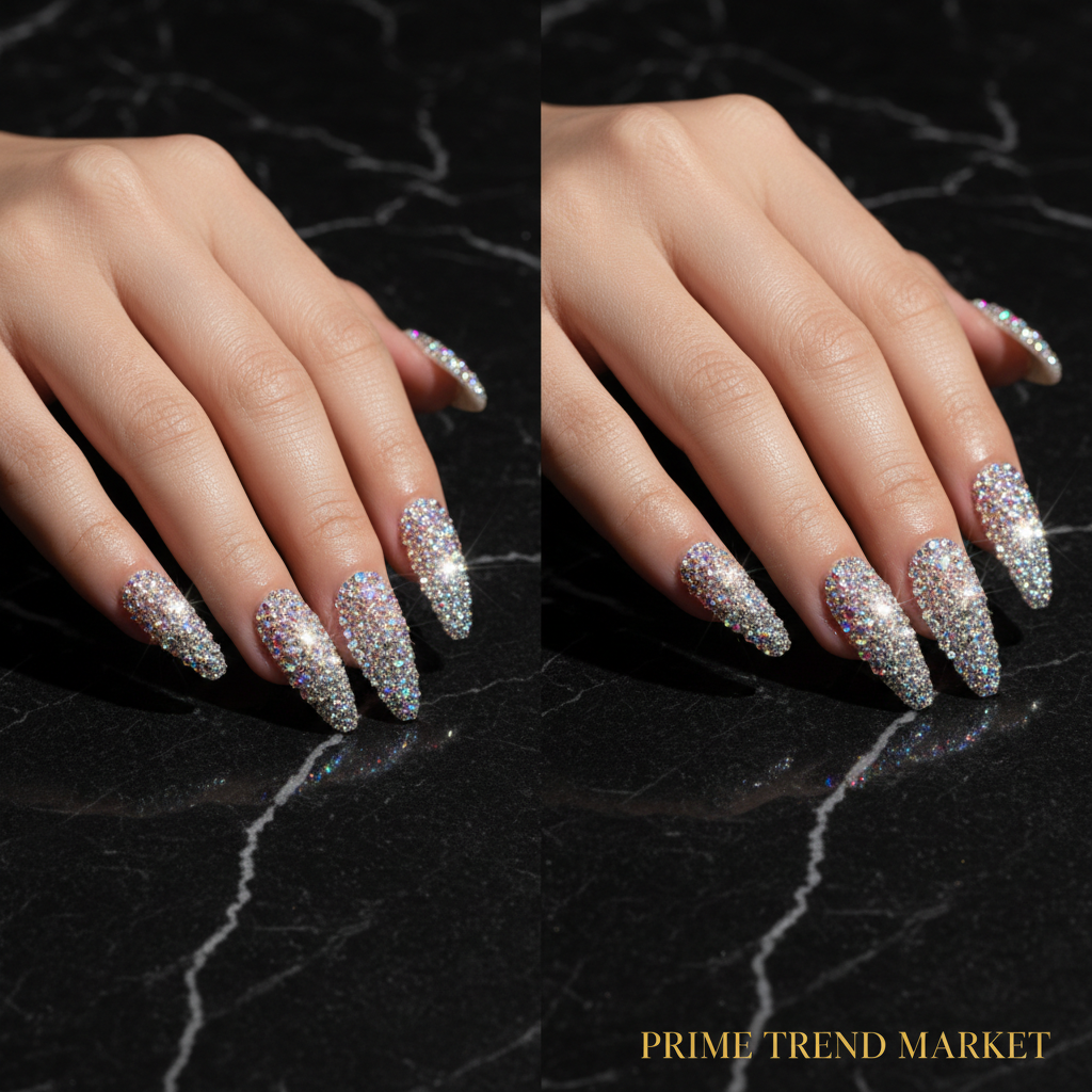Before and after rhinestone press on nail transformation