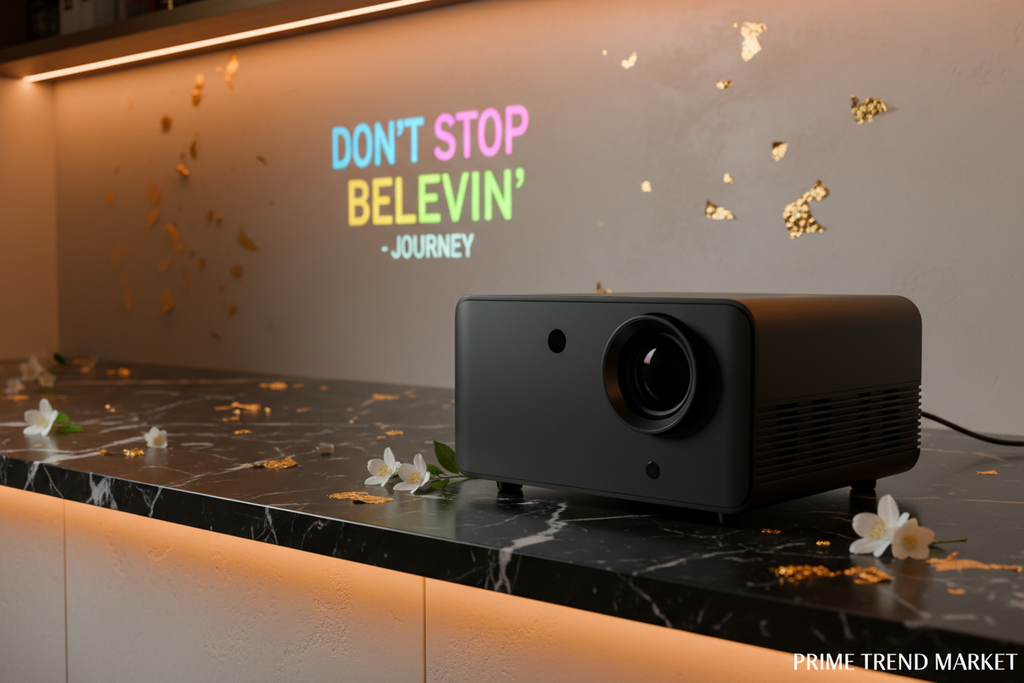 Karaoke Home Theater Projector on black marble with karaoke lyrics projected on wall — Prime Trend Market
