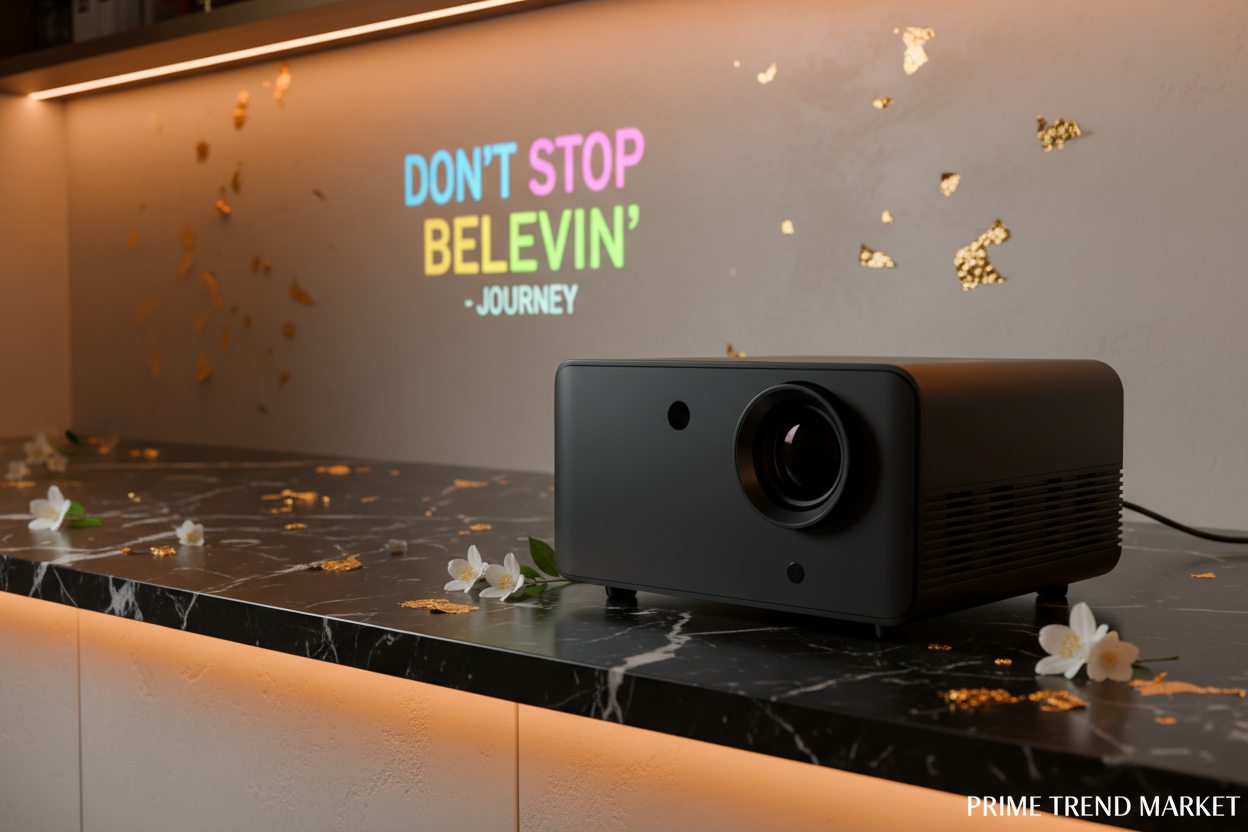 Karaoke Home Theater Projector on black marble with karaoke lyrics projected on wall — Prime Trend Market