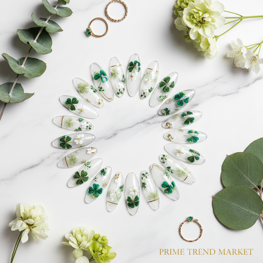 Clover nail art press-on nails flat lay on marble with green leaves and gold accessories