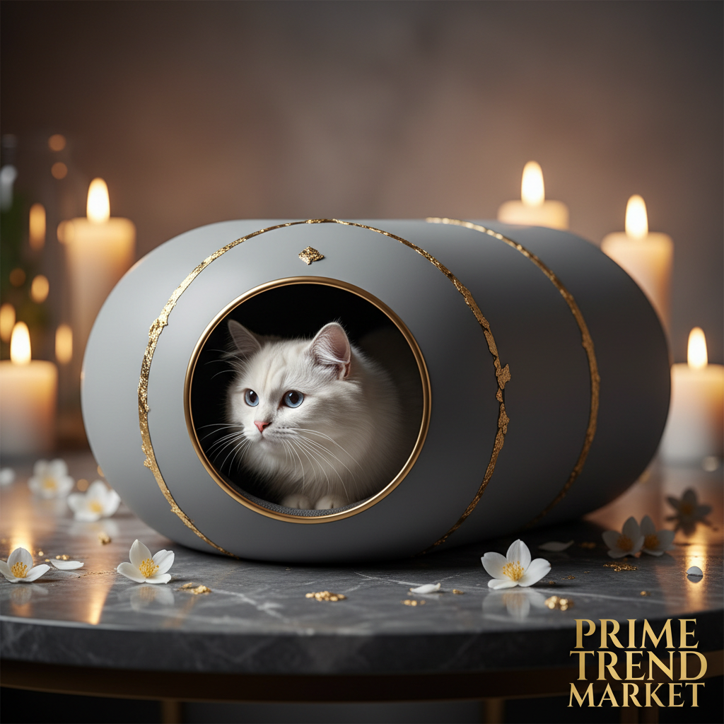 Premium grey space capsule cat house on dark marble with white cat peeking out from tunnel opening