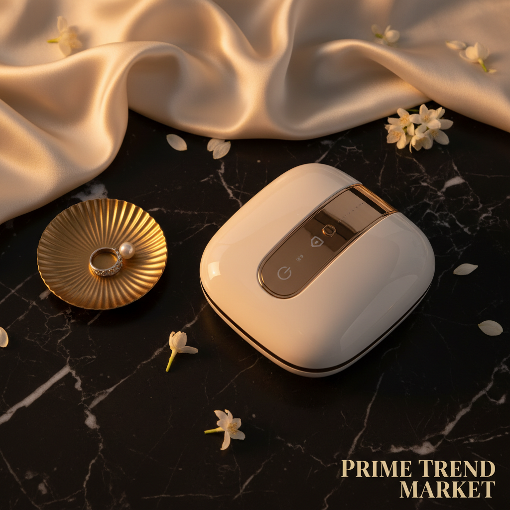 White luxury cervical massager flatlay on dark marble with gold dish and cream silk